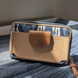 Spartina 449 Beige and Blue Zip Around Wallet with Tan Flap